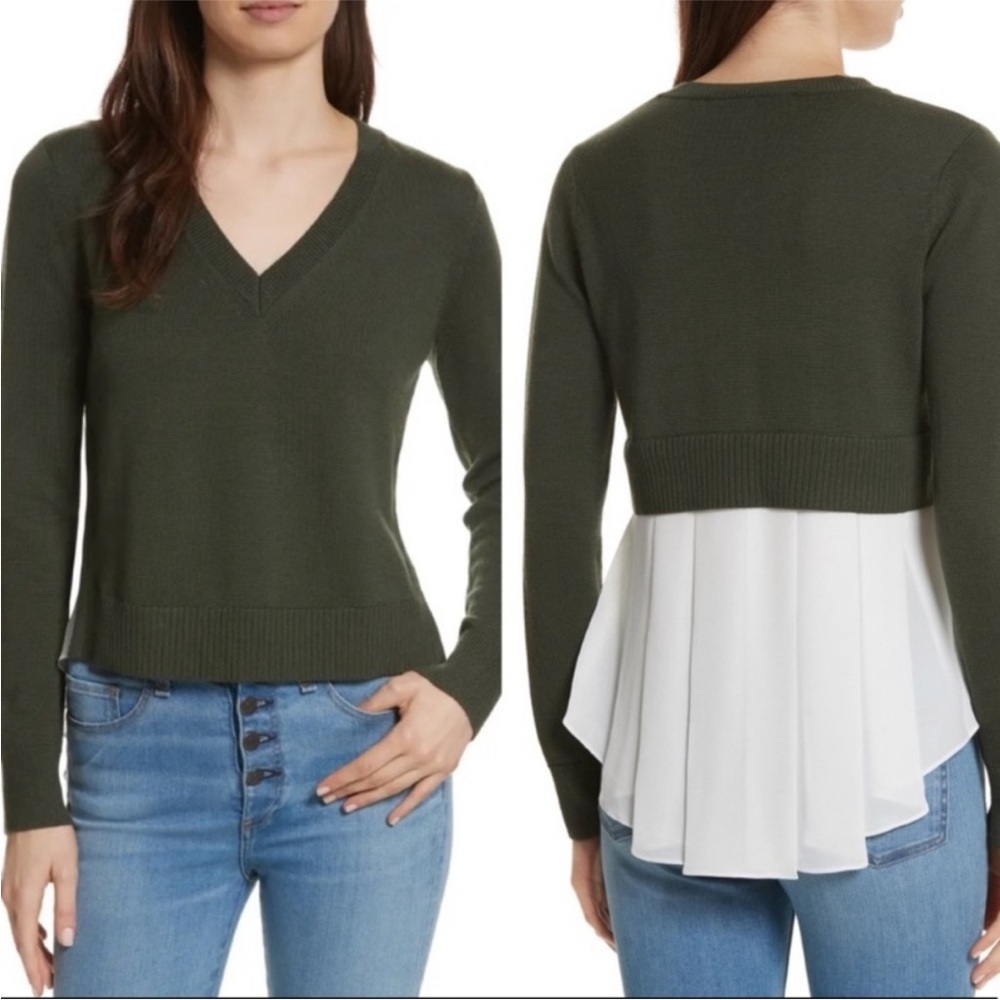 NWT Veronica Beard Concord Green Wool Sweater Silk Panel Mixed‎ Media Sweater XS